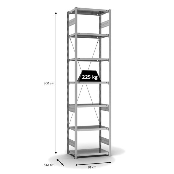 PROREGAL Fachbodenregal Stecksystem T-Profil Medium-Duty Grundregal HxBxT 300 x 75 x 40 cm 7 Ebenen Fachlast 225 kg Einseitig Nutzbar Verzinkt
