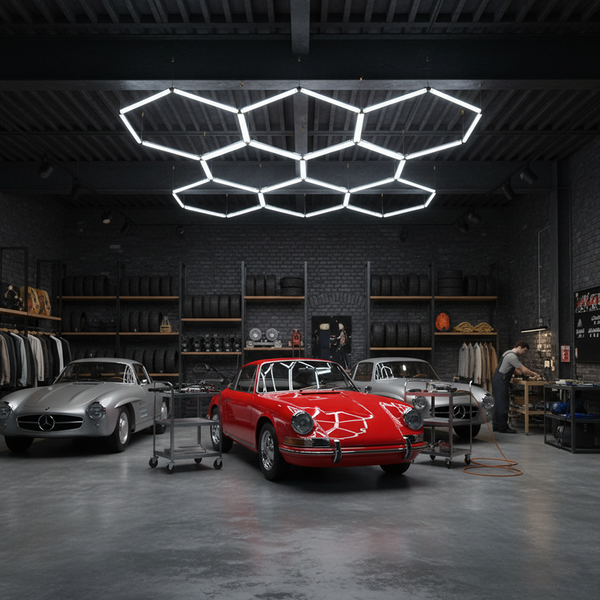 Werkstatt mit Oldtimern, Reifenregalen und hexagonalen LED-Leuchten