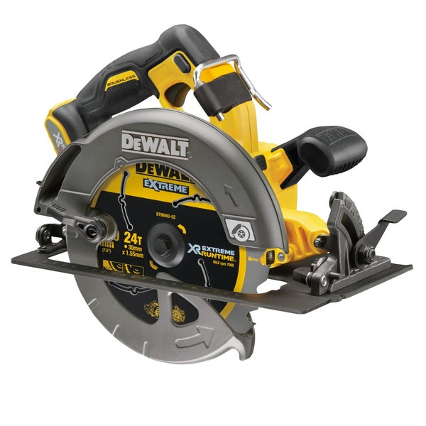 DeWalt Akkumulator Handkreissäge mit bürstenlosem Motor und Sägeblatt.