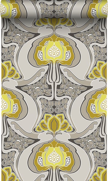 Origin Wallcoverings Tapete Jugendstil-Blumenmuster Ockergelb und Grau - 53 cm x 10.05 m - 347206