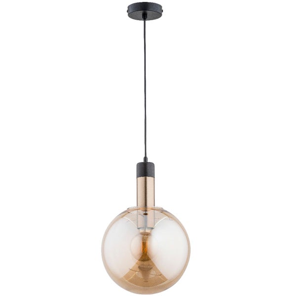 Moderne Pendelleuchte mit kugelförmigem Glasschirm und dekorativem Metallelement für die Deckenbeleuchtung.