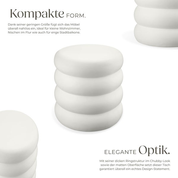 Runder Beistelltisch in kompakter Form mit markanter Ringstruktur in mattem Design für Wohnzimmer, Flur oder Balkon.