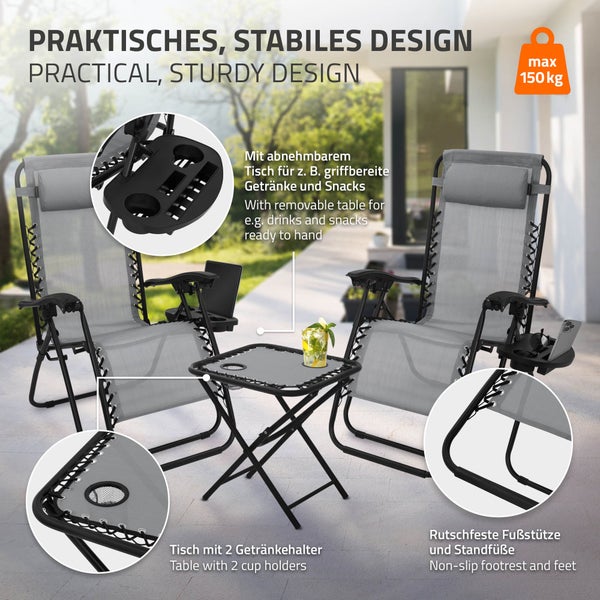 ML-Design 3-teiliges Sonnenliege Set klappbar, Gartenliege Set mit Tisch, Grau, Liegestuhl mit verstellbarem Kopfpolster & Rückenlehne, wetterfest/Outdoor, Relaxliege Gartenstuhl mit Getränkehalter