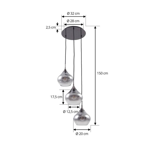 Dreiflammige Pendelleuchte mit tropfenförmigen Glasschirmen. Gesamthöhe 150 Zentimeter, Baldachin Durchmesser 32 Zentimeter, Schirm 20 Zentimeter.