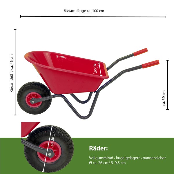 Rote Schubkarre mit Maßen