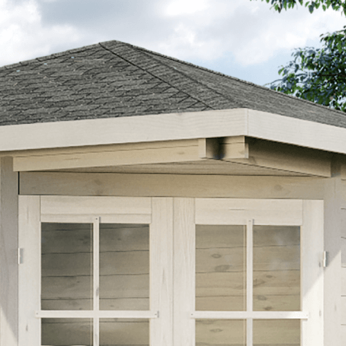 Detailansicht eines Gartenhauses mit Dach und Fenster