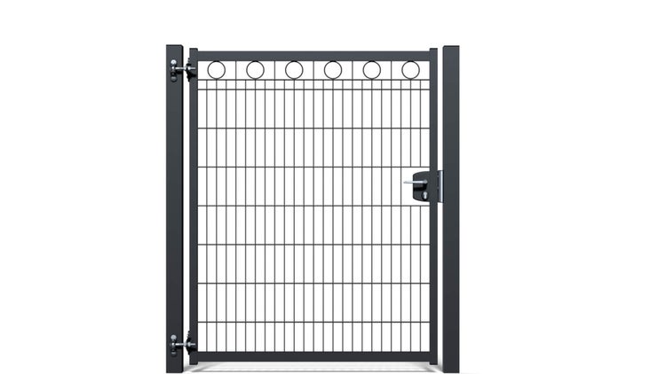 Zauntür ZAUNGURU BASIC-Linie Berlin Kreis aus Metall, Höhe: 163cm, Breite: 150cm, 1-flügelig inkl. Pfosten, Schloss und Zubehör, Feuerverzinkt und zusätzlich in RAL 7016 Anthrazitgrau pulverbeschichtet
