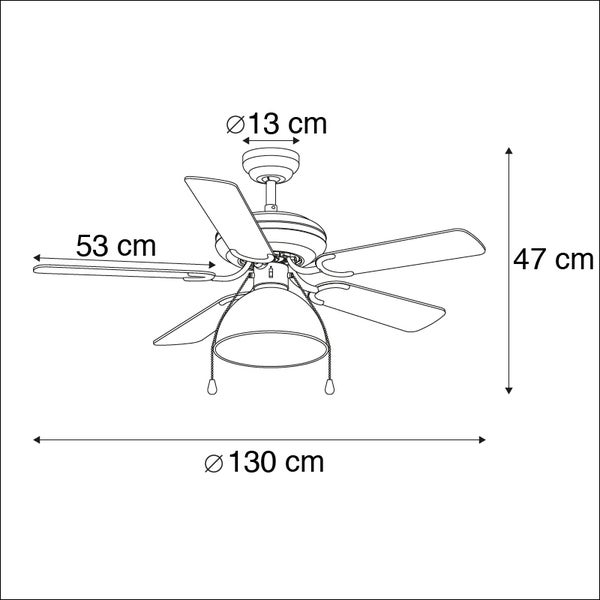 Technische Zeichnung eines Deckenventilators mit Maßen für Durchmesser, Flügelblattlänge und Gesamthöhe.