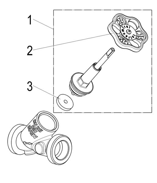 Explosionszeichnung eines Schrägsitzventils mit Handrad, Ventiloberteil, Dichtung und Ventilgehäuse.