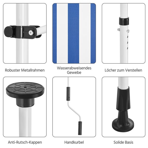 Detailansichten eines Sonnenschirms mit robustem Metallrahmen, wasserabweisendem Gewebe, Verstelllöchern, Anti-Rutsch-Kappen, Handkurbel und einer soliden Basis.