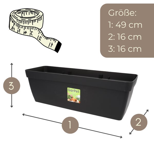 Schwarzer Pflanzkasten mit Maßangaben: Länge 49 cm, Breite 16 cm, Höhe 16 cm