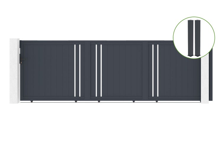 Schiebetor 5m GIONA H.160cm Aluminium + 2 EIFEL-Pfosten 20x20cm H.190cm GRAU