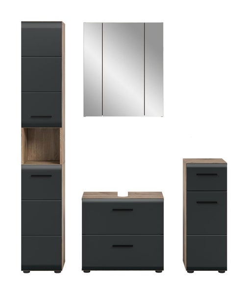 Badezimmermöbel-Set in Anthrazit und Eiche-Optik: Hochschrank mit offenem Fach, Spiegelschrank, Waschbeckenunterschrank und Beischrank.