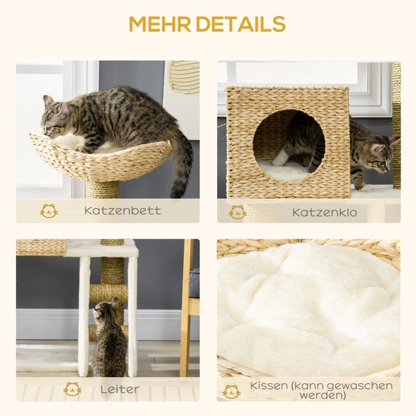 PawHut Kratzbaum 100,5 cm Katzenbaum mit Katzenhöhle, Bett, Treppe, Katzenkratzbaum mit Sisal-Kratzsäulen, Kissen, für Katzen bis 4,5 kg, Natur