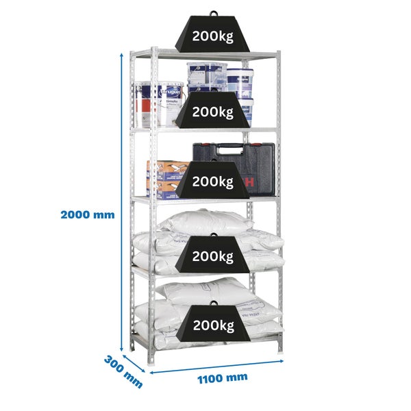 PROREGAL Schwerlastregal Big Muli HxBxT 200 x 110 x 30 cm 5 Fachböden Fachlast 200 kg Weiß