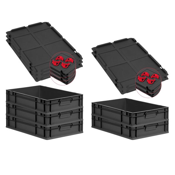 PROREGAL SparSet 5x Eurobox NextGen Grip mit Auflagedeckel inkl. 4 roten Schiebeschnappverschlüssen, HxBxT 12x40x60cm, 23 Liter, Schwarz, Griffe geschlossen, Eurobehälter, Transportbox, Transportbehälter, Stapelbehälter