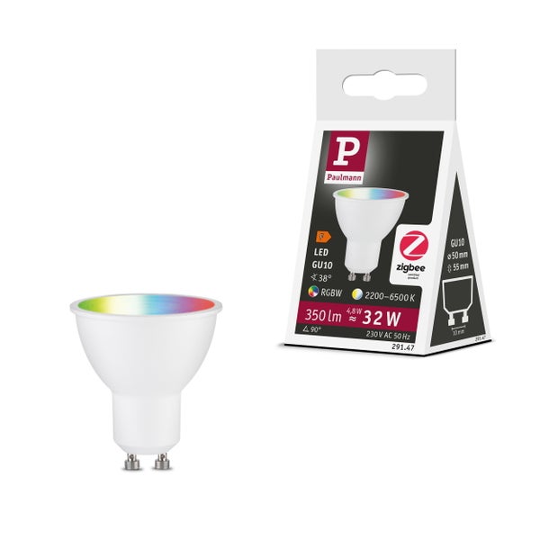 Paulmann LED Reflektorlampe GU10 mit 4,8 Watt, RGBW Farbwechsel, Zigbee Steuerung, 350 Lumen und 38 Grad Abstrahlwinkel inklusive Verpackung.