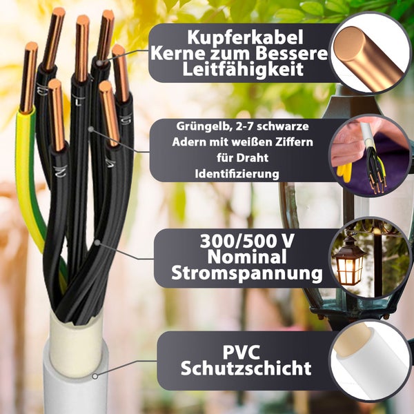 Infografik zu einem mehradrigen Kupferkabel mit PVC-Schutzschicht, grün-gelber Ader, nummerierten schwarzen Adern und 300 bis 500 Volt Nennspannung.