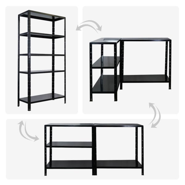 Abbildung eines Metallregals, das in zwei verschiedenen Konfigurationen aufgebaut werden kann.