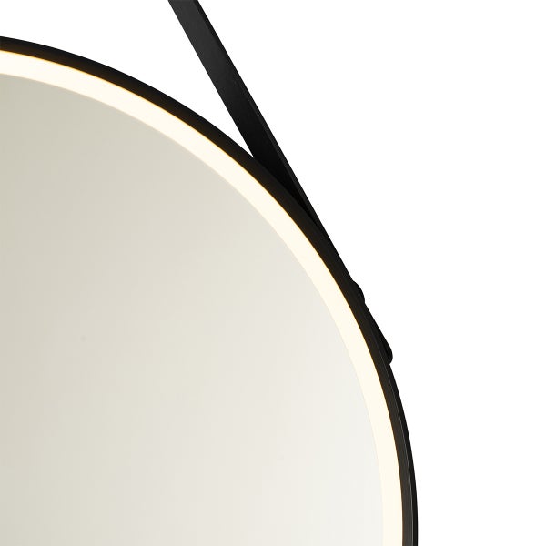 Detailansicht eines runden Spiegels mit LED-Beleuchtung und Aufhängung