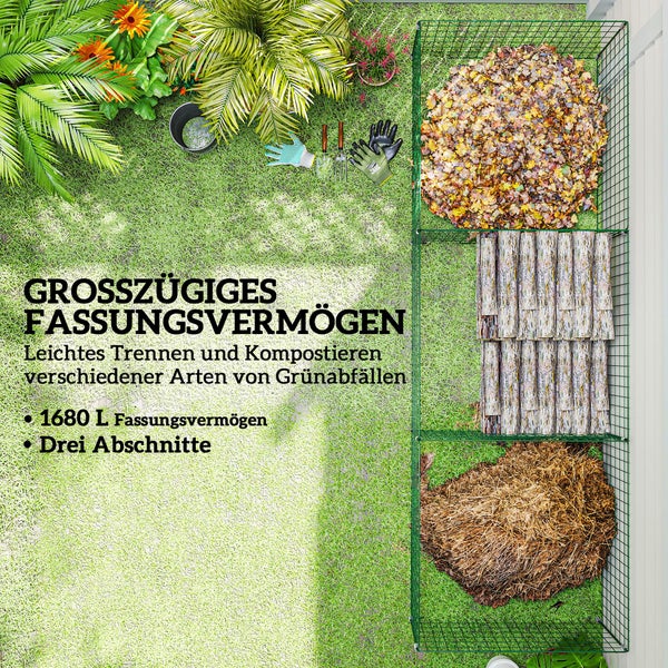 Outsunny Komposter 1680 Liter, 270 x 90 x 70 cm 3-teilig Schnellkomposter aus Stahl, wetterfest Thermokomposter mit offenem Gitterdesign, Gartenkomposter, Kompostbehälter für Garten, Küchen, Balkon