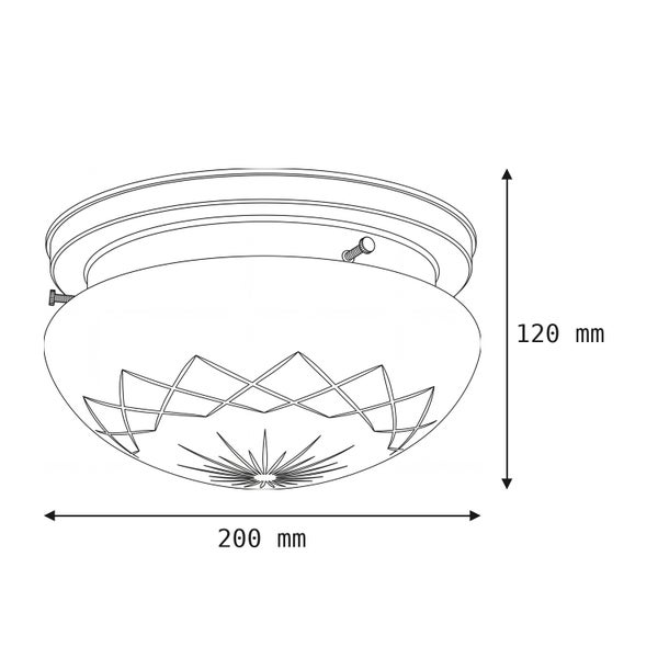 Strichzeichnung einer runden Deckenleuchte mit gemustertem Glasschirm und Bemaßung von 200 Millimeter Durchmesser und 120 Millimeter Höhe.