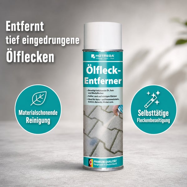 Hotrega Ölfleck-Entferner Spraydose zur selbsttätigen Entfernung von tief sitzenden Öl- und Fettflecken auf verschiedenen Bodenbelägen.