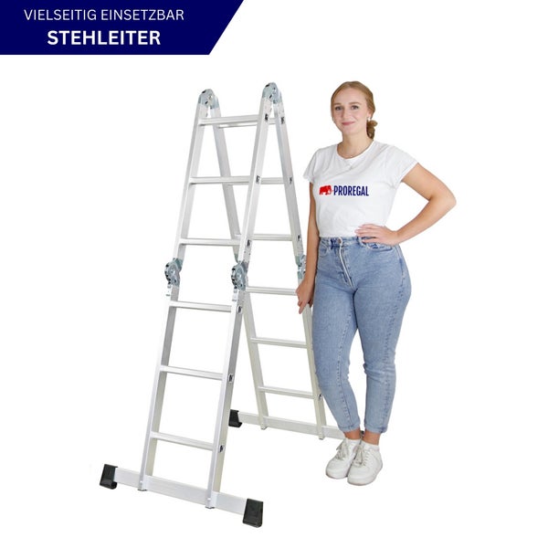 Sprossen-Mehrzweckleiter MULTISTEP mit TÜV/GS Zertifizierung und EN 131-Standard | mit Gerüstplattform | 4-teilig Aluminiumleiter | 4x3 Sprossen | bis zu 3,6 m Höhe | Traglast 150kg | Arbeitsgerüst, Stehleiter & Anlegeleiter