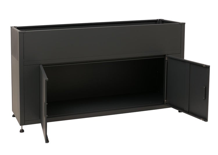 Metall-Hochbeet mit integriertem Unterschrank und zwei offenen Türen in Anthrazit.