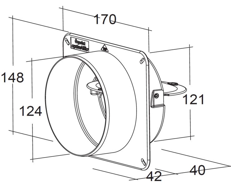 Technische Zeichnung mit Maßangaben für eine runde Lüfterklappe von Ozpolat OptimAiro zur Montage in Lüftungskanälen.