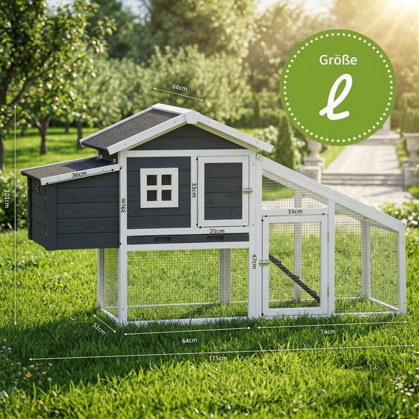 Hühnerstall aus Holz mit Freilaufgehege, Abmessungen 175 mal 101 mal 52 Zentimeter, Größe L.