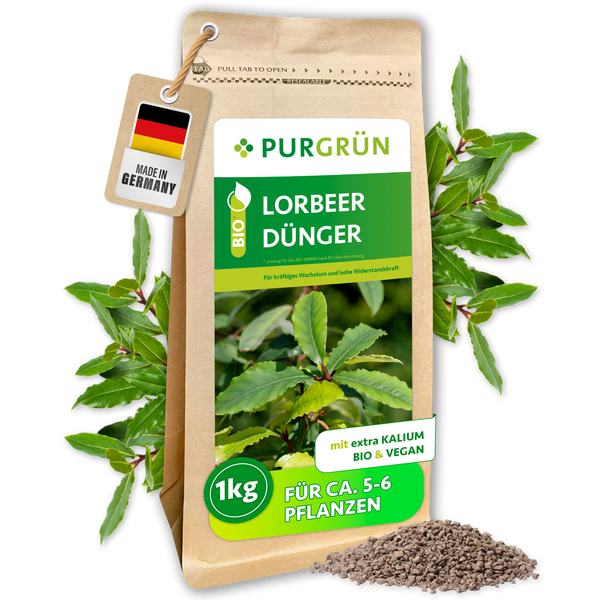 Eine Packung Purgrün Bio Lorbeerdünger, 1 Kilogramm, für kräftiges Wachstum und hohe Widerstandskraft, Made in Germany.