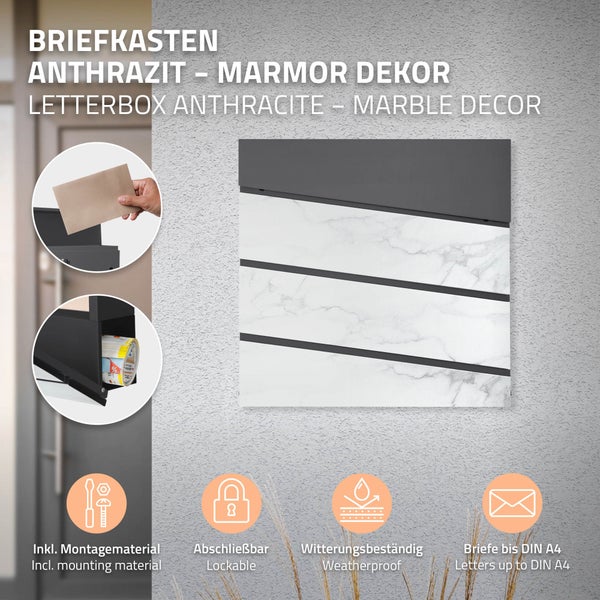 Wandbriefkasten in Anthrazit mit Marmordekor. Inklusive Montagematerial, abschließbar, wetterfest, für Briefe bis DIN A4.