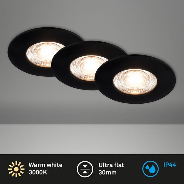 BRILONER KULANA MINI LED Einbaustrahler Bad, 3er Set, IP44 Spritzwasserschutz, Flaches Design, Warmweißes Licht, schwarz, 6,5 x 2,5 cm