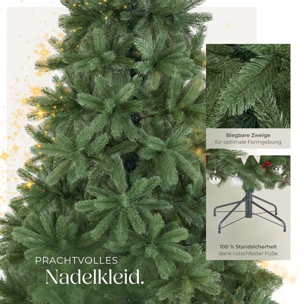 Künstlicher Weihnachtsbaum mit biegsamen Zweigen für individuelle Formgebung und einem stabilen Ständer mit rutschfesten Füßen.