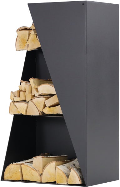 Brennholzregal aus Metall mit Holzscheiten