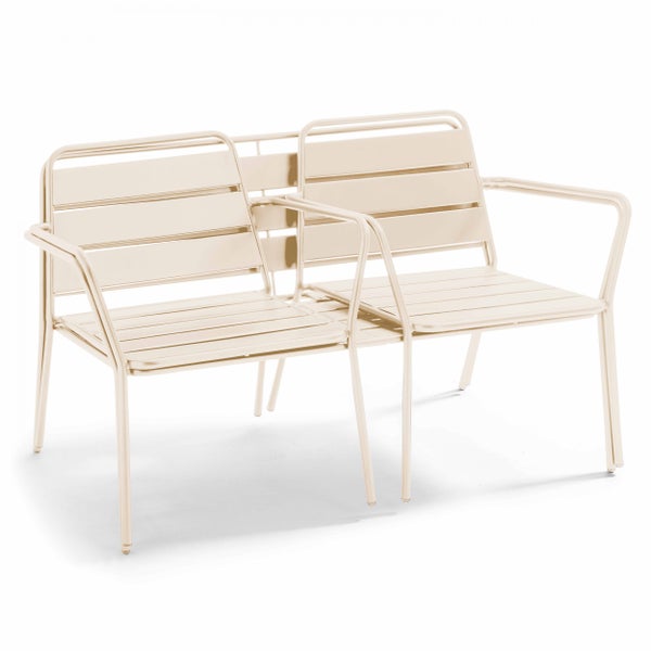 Gartenbank aus Metall, Zweisitzer mit Armlehnen und Lattendesign, Beige.