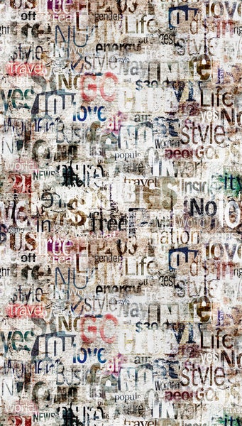 Tapete mit Collage-Muster aus Zeitungsausschnitten und Schriftzügen im Street-Art-Stil mit Vintage-Struktur.