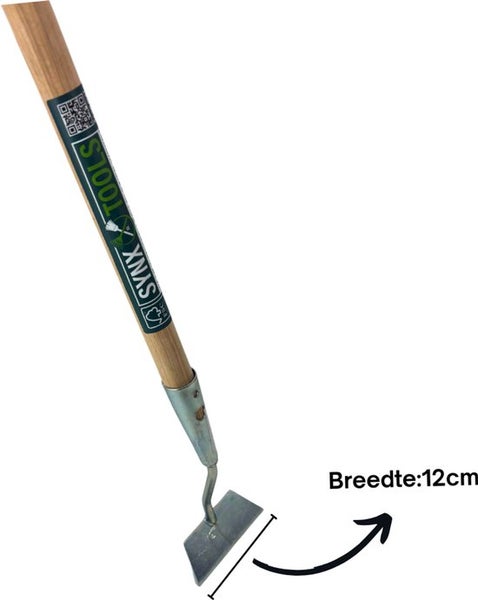 Gartengerät mit Holzgriff und einem 12 cm breiten, quadratischen Metallblatt