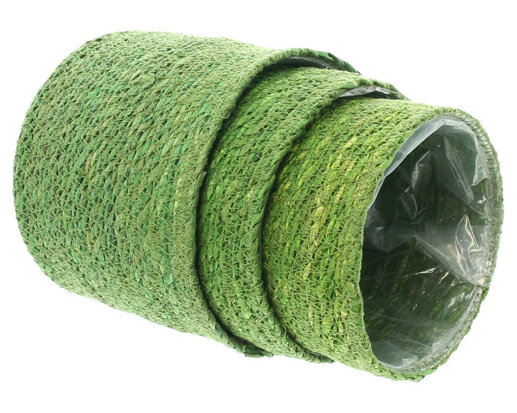 FRANK FLECHTWAREN | Pflanzkorb Green, 3er Set, SEEGRAS, FOLIE, Ø 14 x 12 cm, Ø 16 x 14 cm, Ø 18 x 16 cm