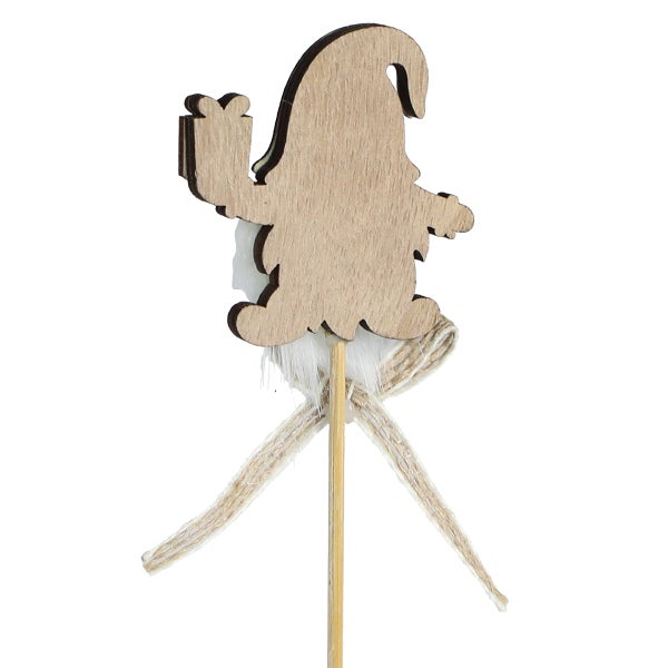 Dekorativer Holz Wichtel mit Geschenk auf einem Stab