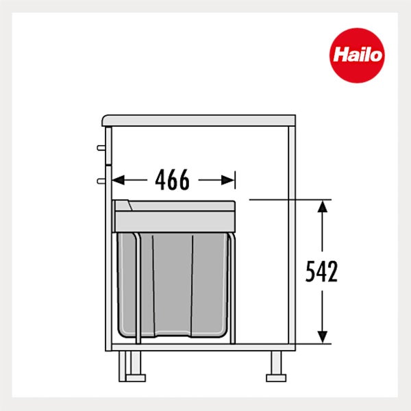 Maßzeichnung eines Hailo Abfallsammlers im Küchenschrank mit einer Tiefe von 466 und einer Höhe von 542 Millimetern sowie Hailo Logo.