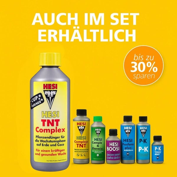 Sortiment an Hesi Pflanzendüngern inklusive TNT Complex in verschiedenen Flaschengrößen mit Hinweis auf Sparset-Vorteil von 30 Prozent.