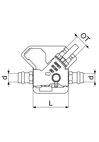 Technische Zeichnung einer Armatur mit Maßen für Durchmesser d, Länge L und Oberteil OT, Nennweite 20, DVGW zertifiziert.