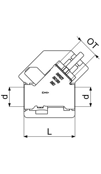 Technische Zeichnung eines Ventils DN 50 mit Maßangaben für Länge, Durchmesser und Oberteil.