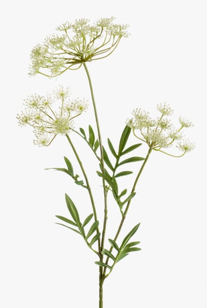 Künstliche weiße Doldenblüte mit grünem Stiel und Blättern.