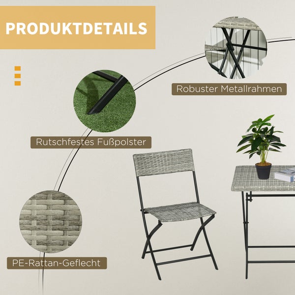 Outsunny 3 tlg. Ratten Balkonmöbel-Set, 60L x 60B x 72H cm, Metall, PE Polyrattan, grau