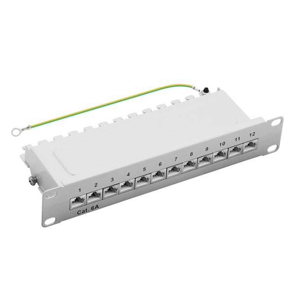 ProfiPatch Cat6a Patchpanel Patchfeld 10 Zoll 12 Port Verteilerfeld  RJ45 Rackeinbau geschirmt 1HE grau