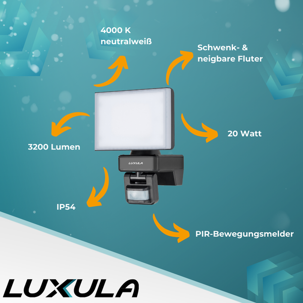 Luxula Fluter mit schwenkbarem und neigbarem Sensor, 20 Watt Leistung, 3200 Lumen Lichtstärke, 4000 Kelvin neutralweißes Licht und IP54 Schutzart.