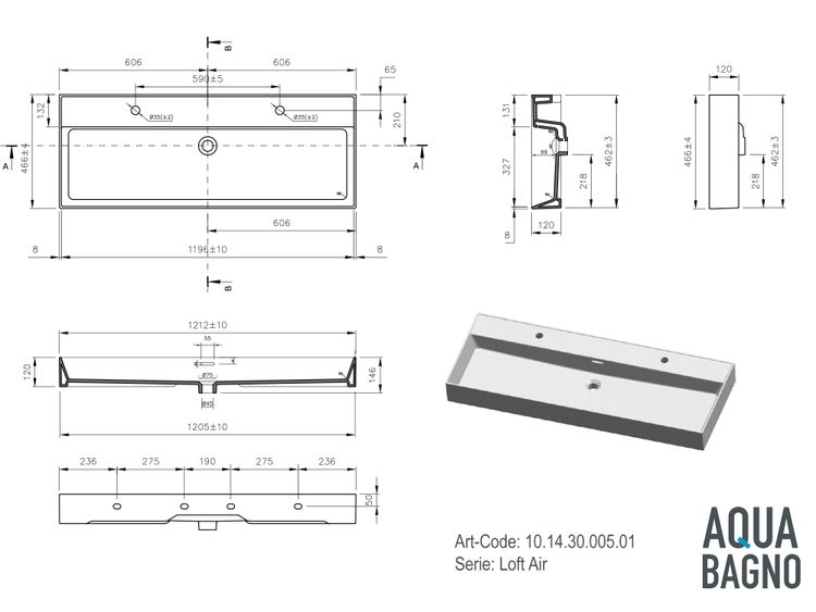 Technische Zeichnung und 3D-Ansicht eines Aqua Bagno Loft Air Doppelwaschtischs mit Maßangaben in Millimetern und Aqua Bagno Logo.